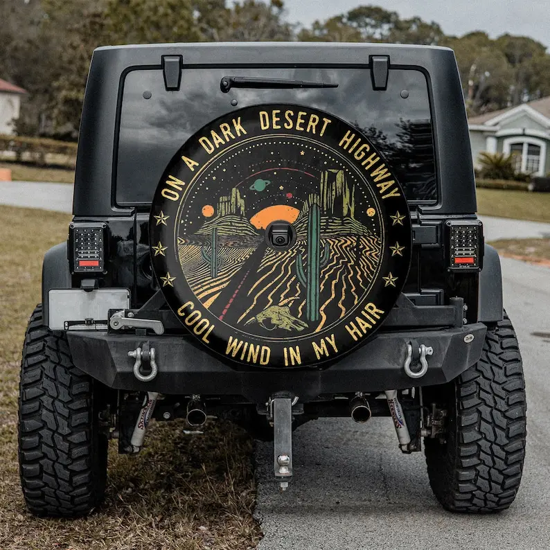 On A Dark Desert Highway Cool Wind In My Hair Spare Tire Cover, Personalized Spare Tire Cover, Gift For Car Lover, Car Accessory