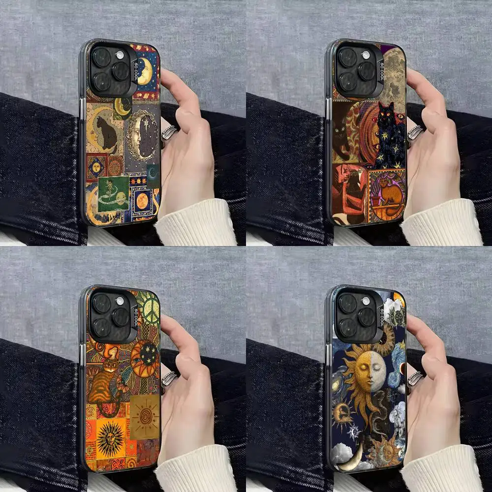 

Fashion Sun Moon Cat Stars Phone Case For iPhone 17,16,15,14,13,12,11,Pro,Max,Plus,E,SE4,Air,Mini Black IMD Cover