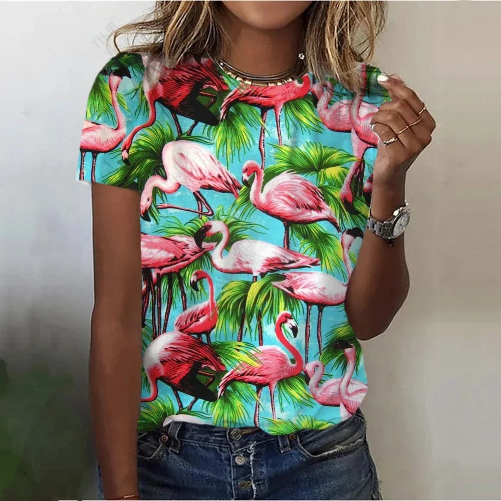 

Retro Women's T Shirt Anime Flamingo Graphic Girl Clothes Summer O-Neck Short Sleeve Tees Female Streetwear Oversized Blouse