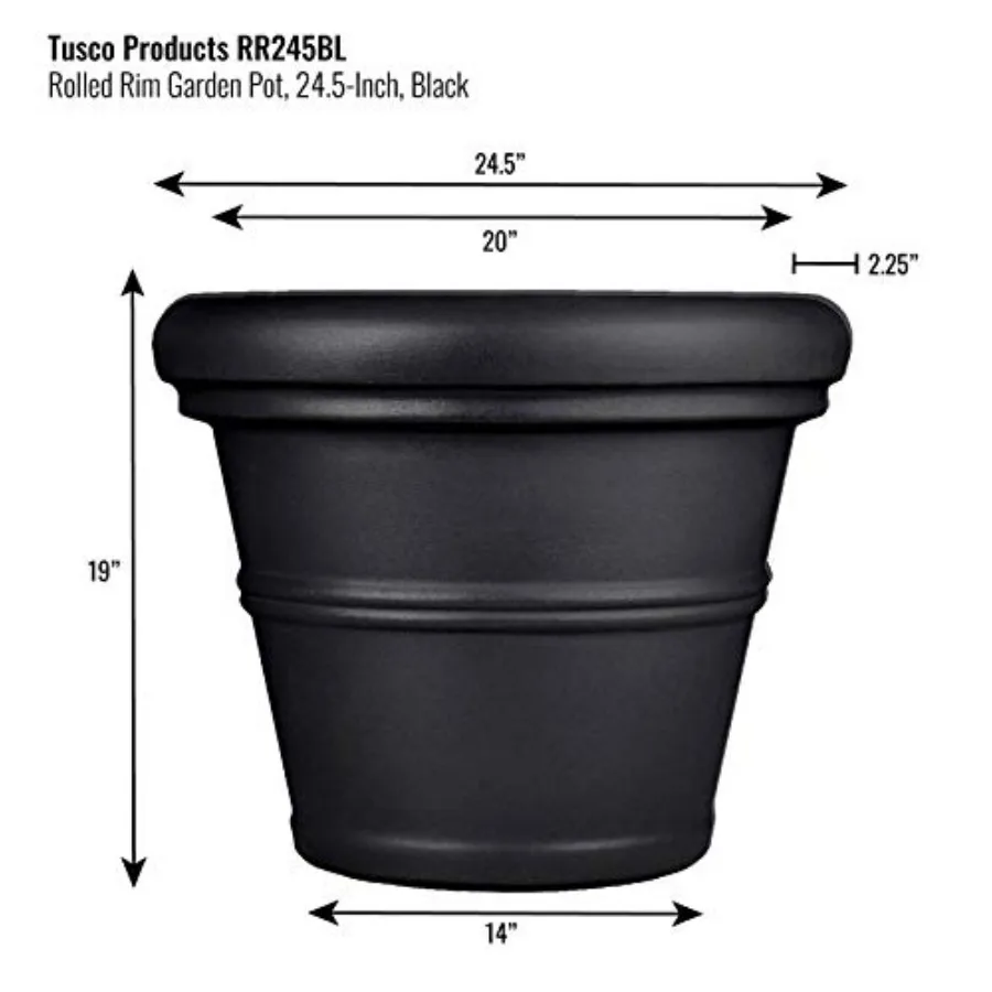 Classic Rolled Rim Garden Planter for outdoor use, durable polypropylene, black, weather-resistant with reinforced rim and drai