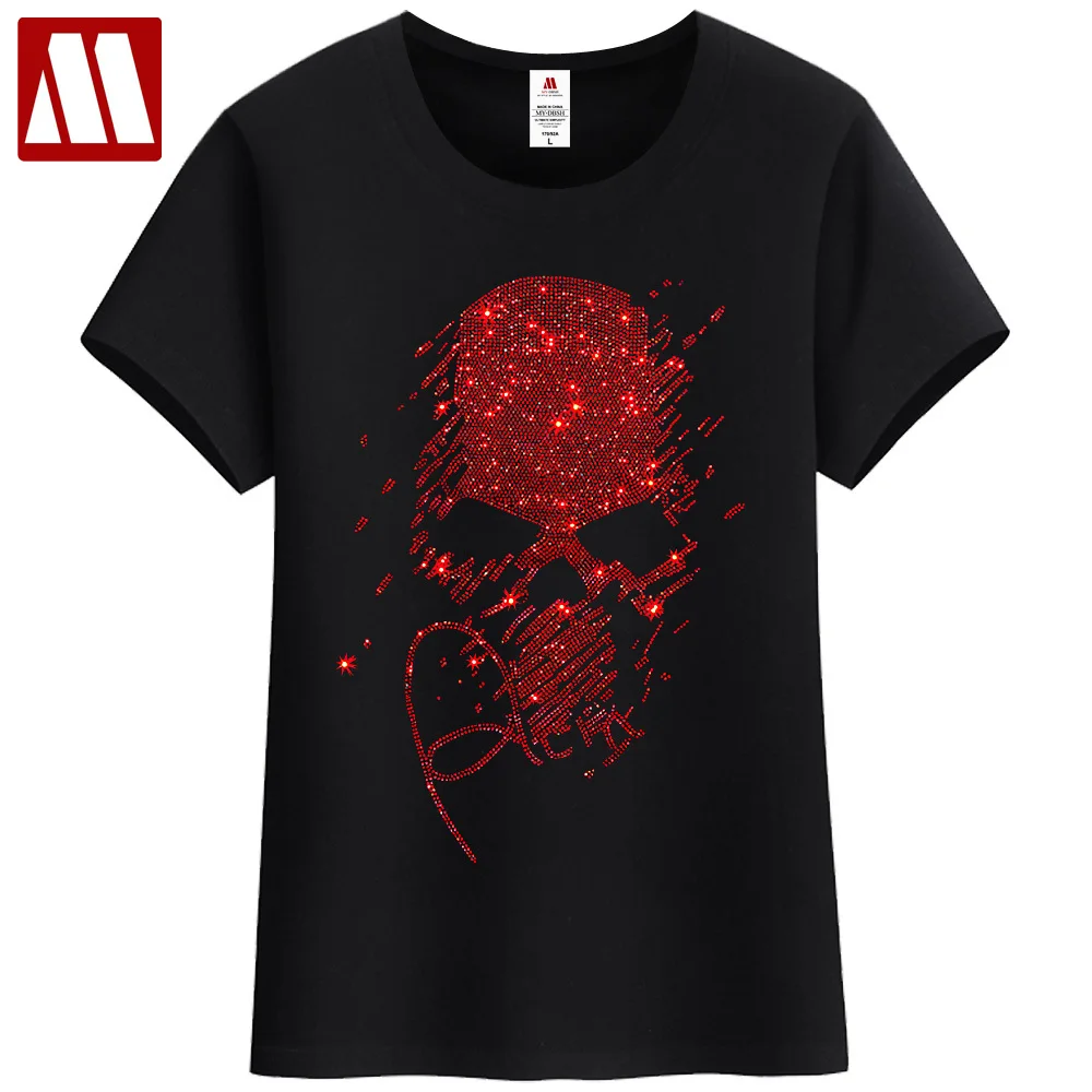 2024 Summer Women Cotton Short Sleeve T-shirt S-5XL Amazing Skulls Diamond Print Black T Shirts Ladies Tops Femme Clothing