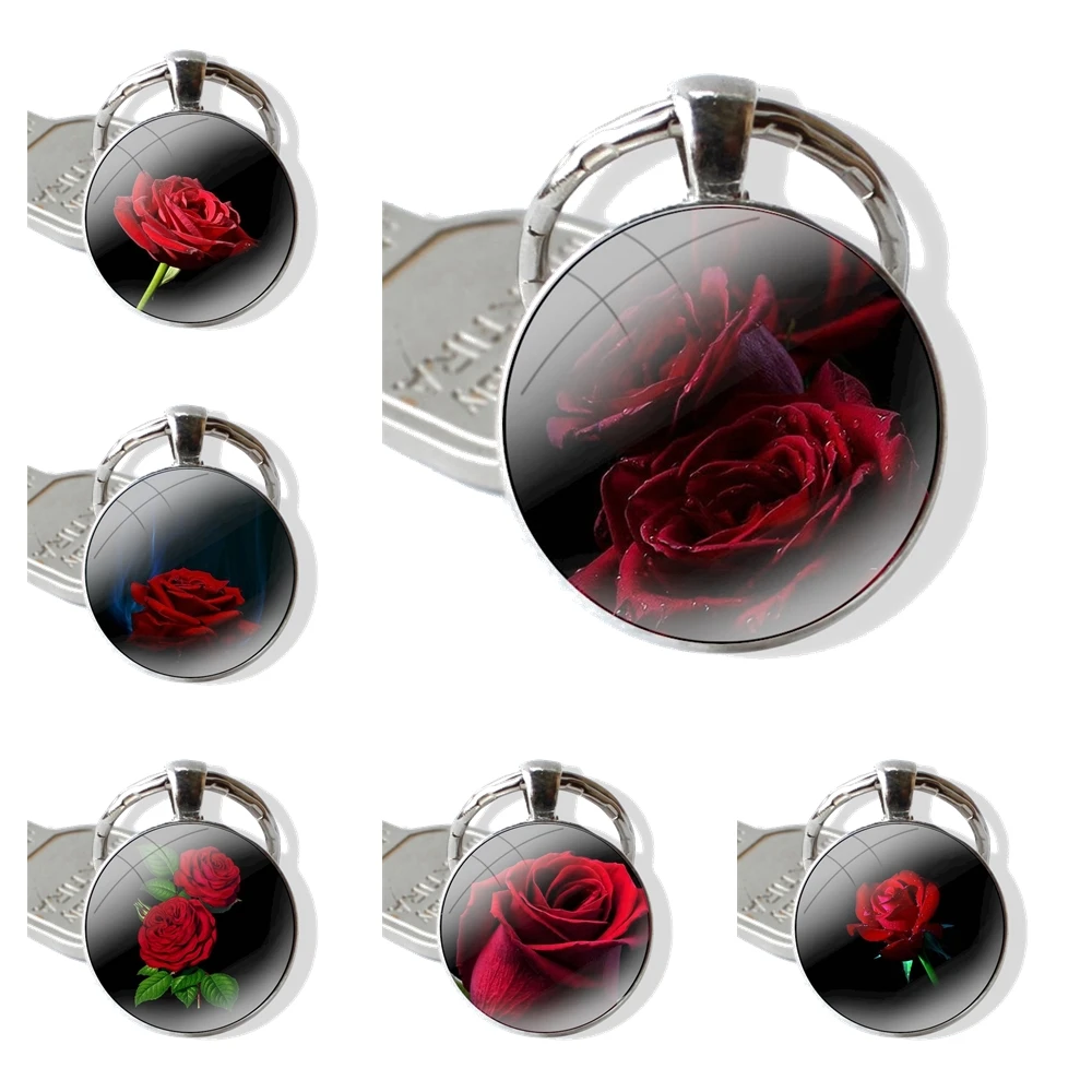 High Quality Photos Of Red Rose Flower Keychain Handmade Glass Cabochon Key Ring Holder Pendant Key Chains