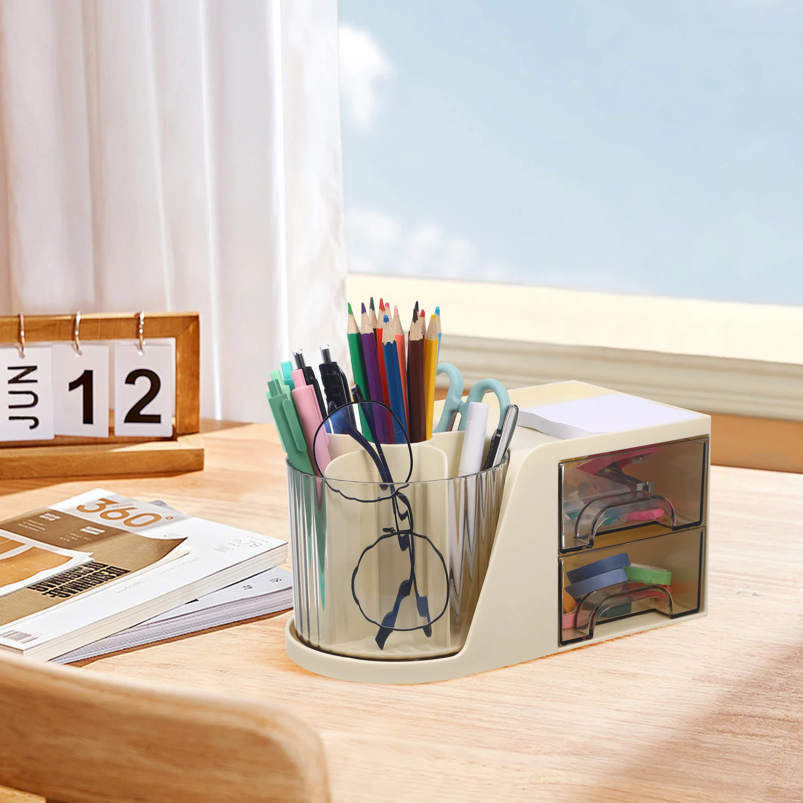 

Pen Organizer Desktop Storage Case with Divided Compartments Smooth Drawers for Stationery Makeup Brushes Office Supplies Desk