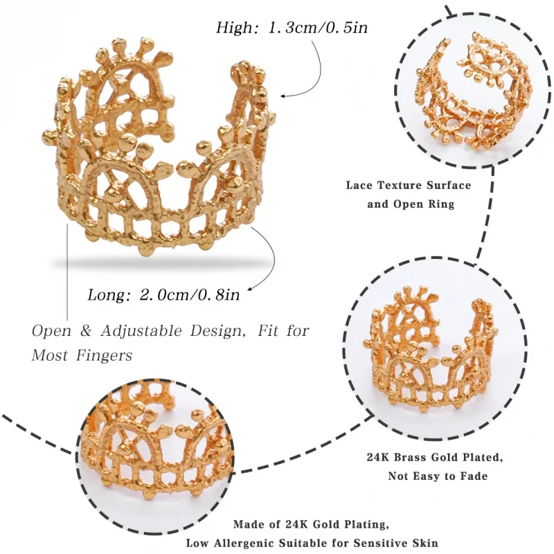 Litheline 24K Gold Plated Brass Crochet-Inspired Cuff Ring, Open Design Lead-Nickel-Sensitive Piercings Friendly