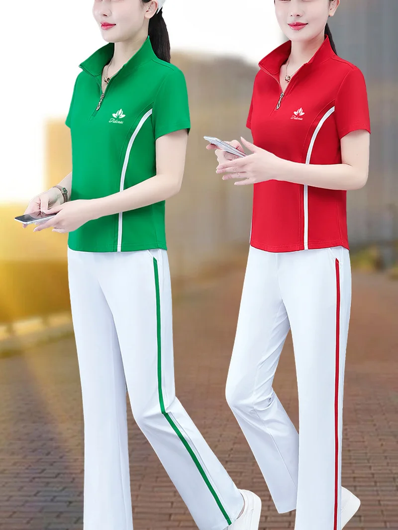 Summer Fitness Sportswear Set Women's Casual Square Dance Running Ice Silk Cotton Stand Collar Two-Piece Suit Fashionable 2026