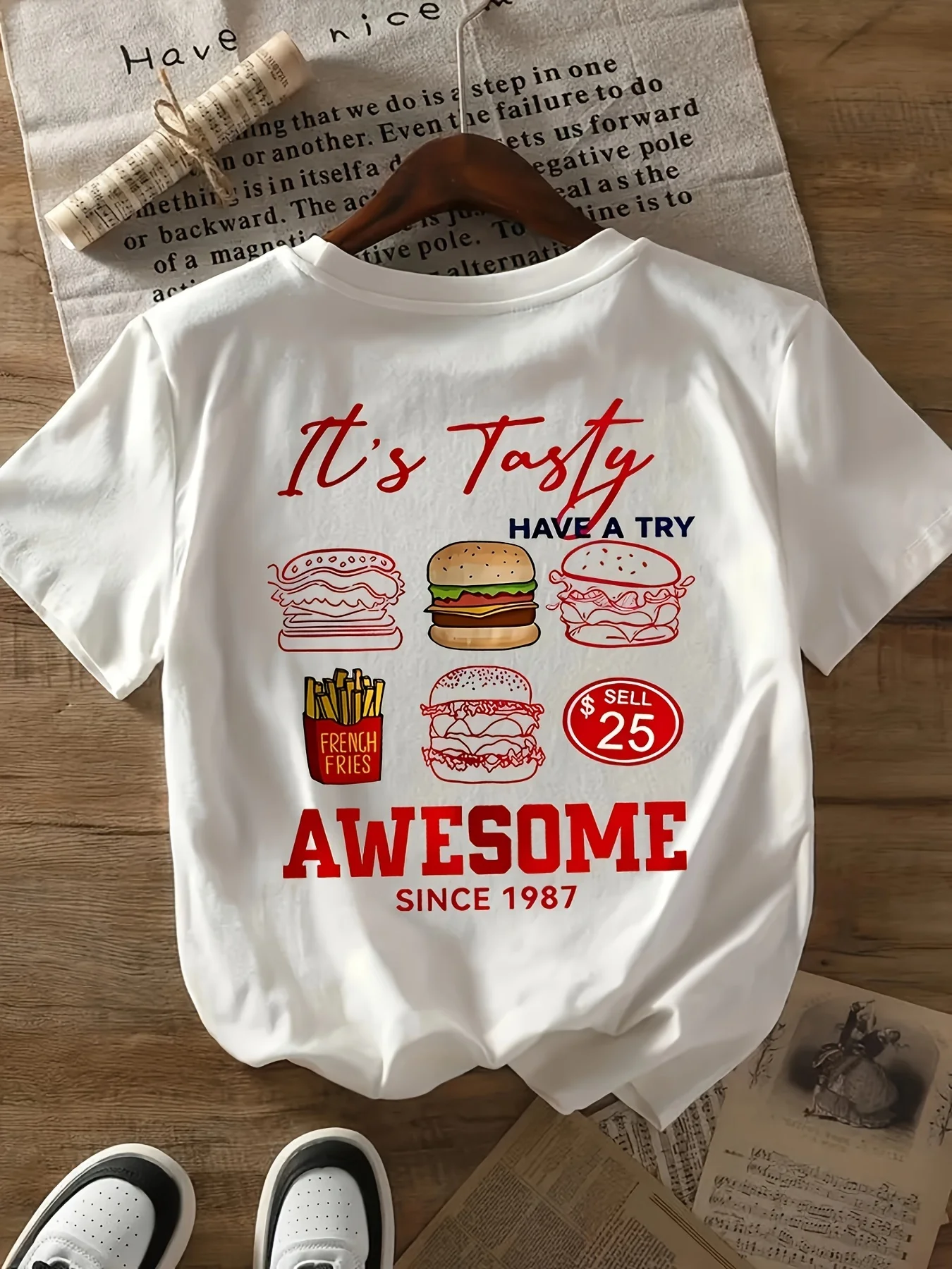 

Hamburger Print T-shirt Short Sleeve Casual Tee Women's Clothing Retro Streetwear T-Shirts Cute Funny Foodie Shirt Oversize Tops