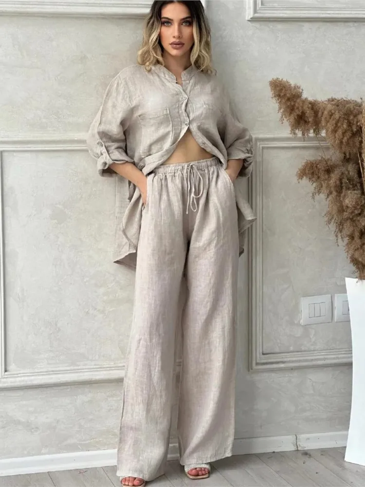 Spring Autumn Two Piece Sets 2024 Women Casual Long Sleeve Pocket Shirts 2 Piece Set Fashion Loose Wide Leg Pants Suit Outfites