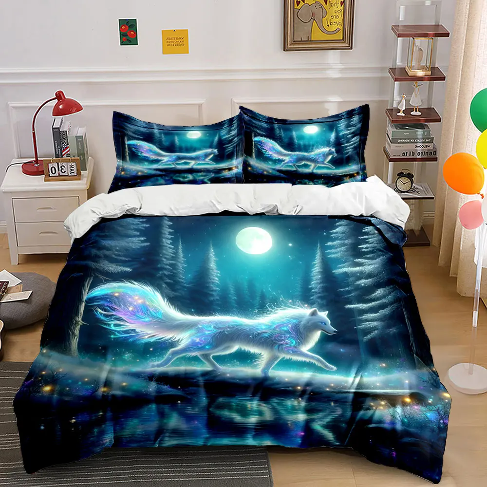 Fantasy Glowing Wolf in Moonlit Forest Print Bedding Set 1Duvet Cover 2Pillowcases for Adult and Children Luxury Gift Full Size