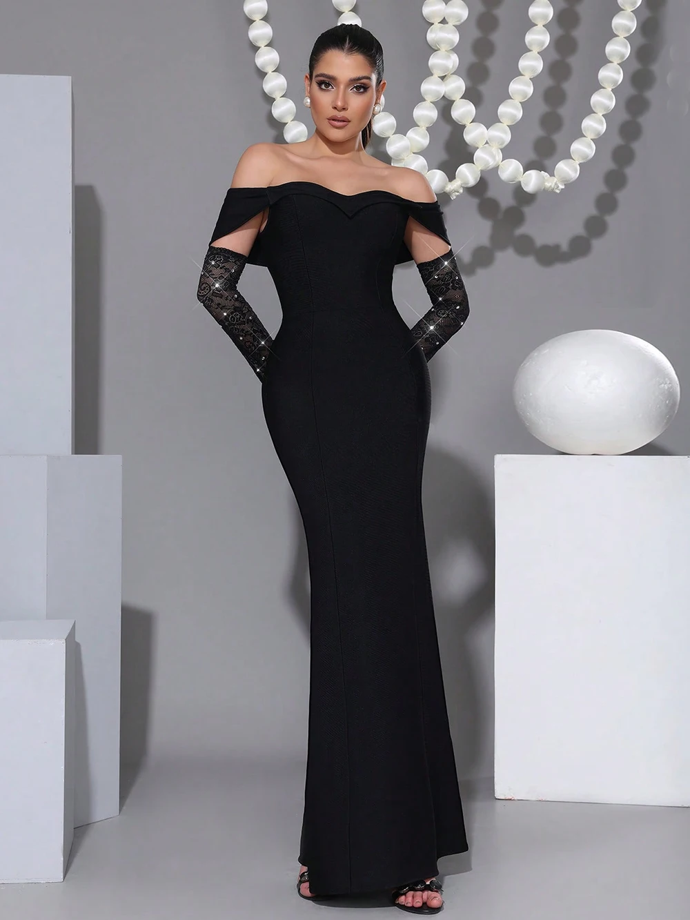 

Black With Diamond Mesh Sleeves Long Bandage Dress Sexy Women'S Off Shoulder Bodycon Elegant Evening Birthday Party Wedding Gown