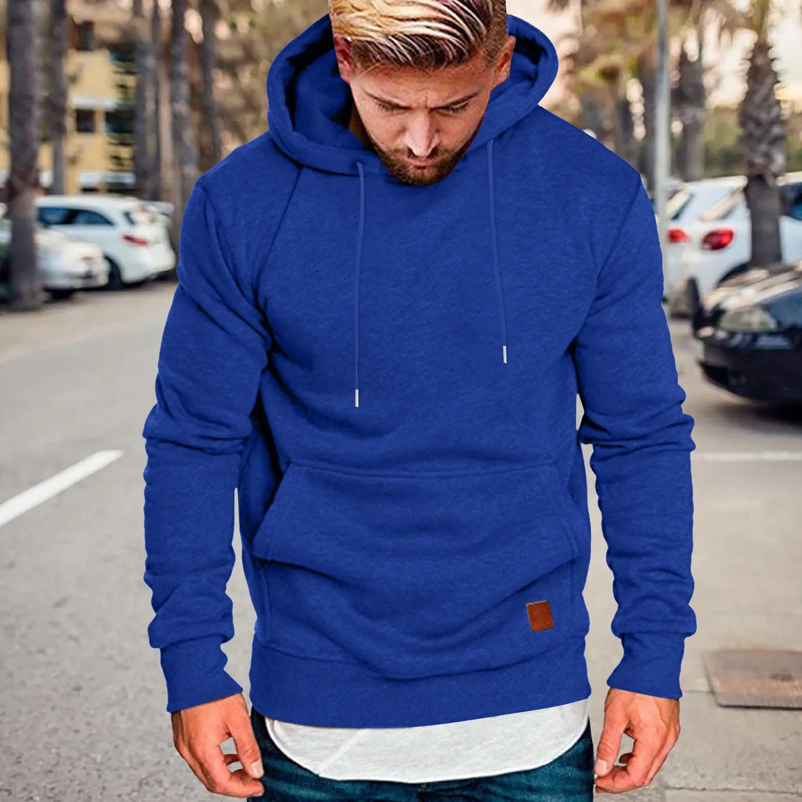 

Men's Solid Color Drawstring Hooded Pockets Leather Label Casual Hoodies Business Comfortable Loose Trendy Male Sweatshirt