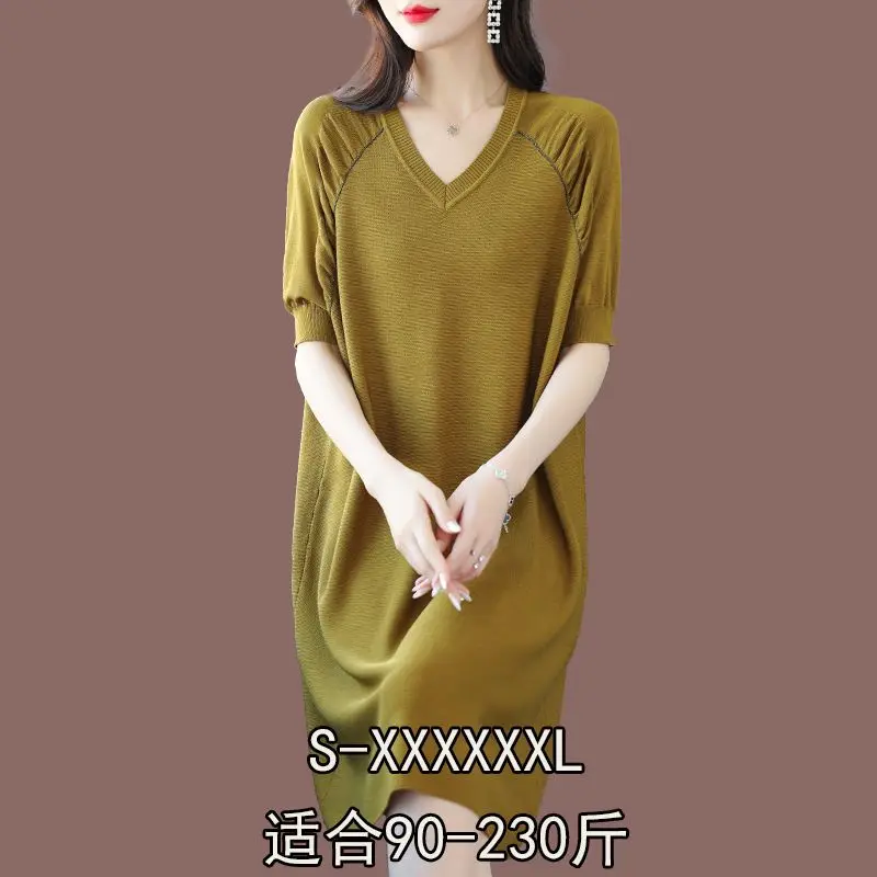 

Summer New Solid Color Loose Ice Silk Dress Plus Size V-Neck Women's High End Straight Barrel Silk Dress M-7XL