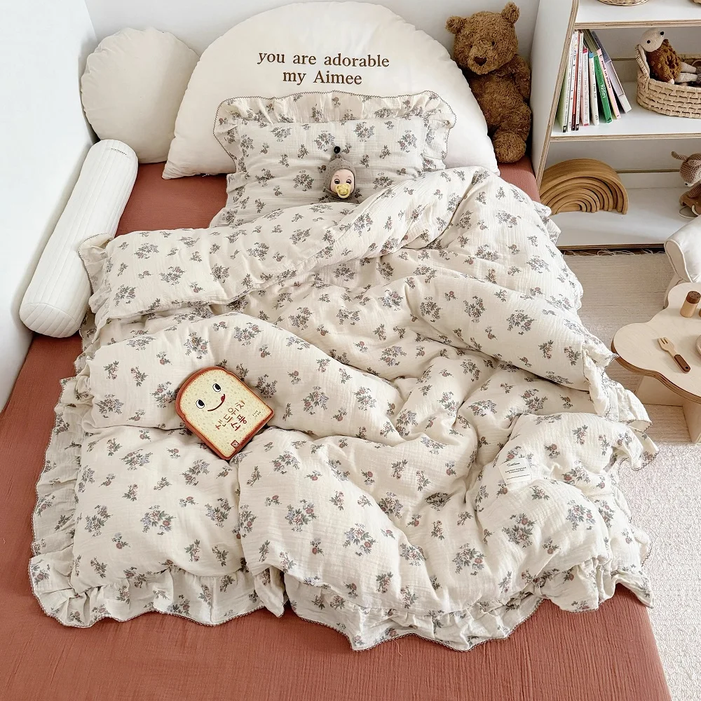 INS Princess Ruffle Edge Gauze 100% Cotton Pillow Case Breathable Duvet Cover Without Filler 3PCS Floral Home Bedding Set image 3