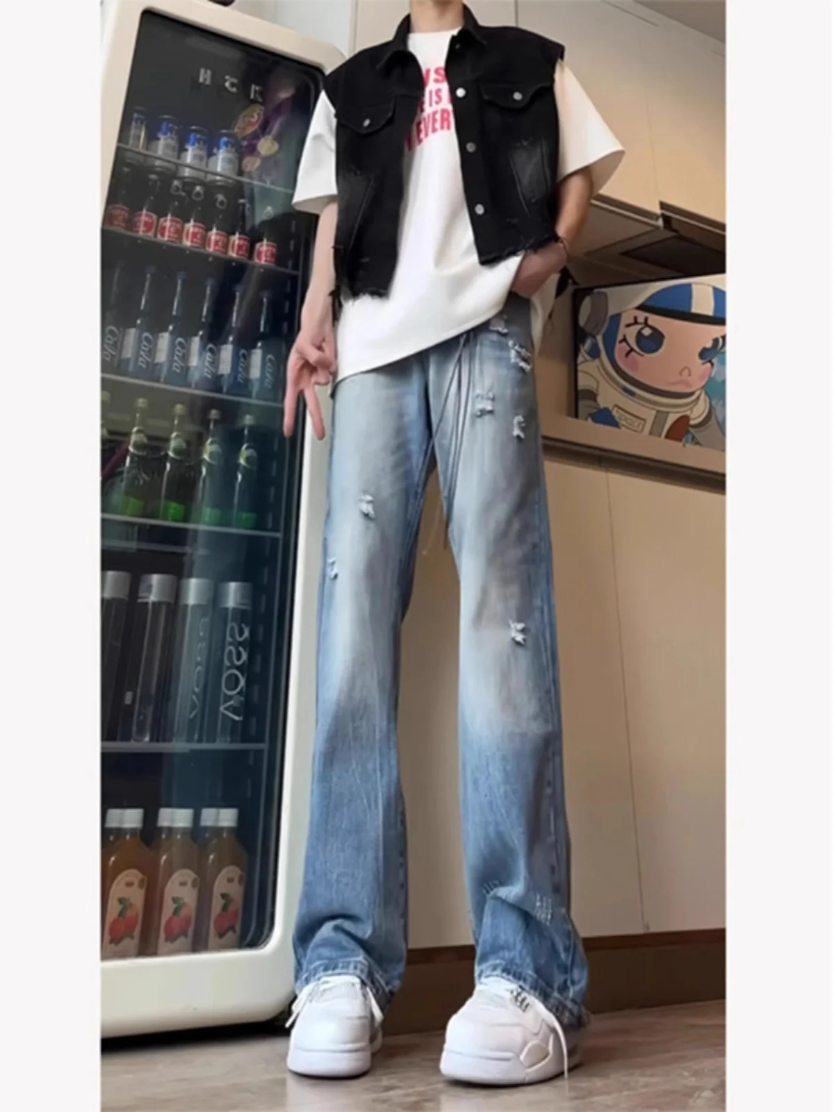 

Light Blue Ripped Jeans Men's Summer Thin American High Street Vibe Long Pants Cleanfit Straight Leg Trendy Jeans Casual Wear