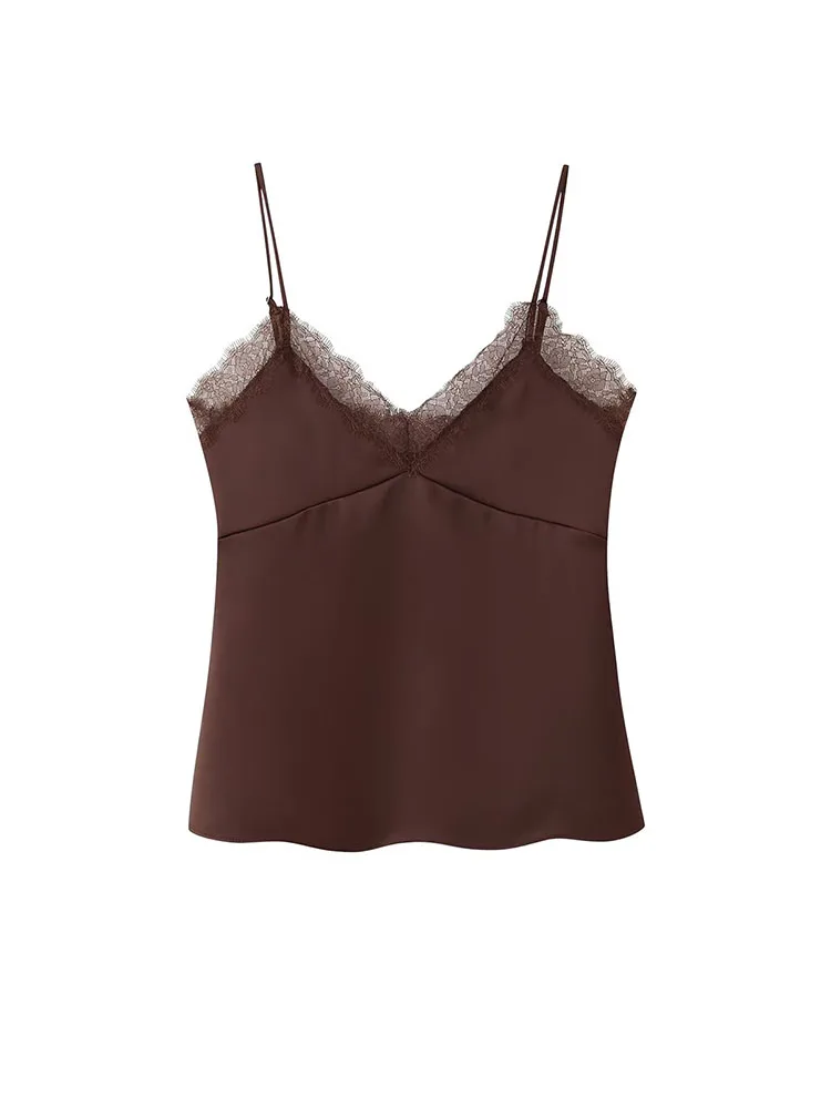 HH Vrouw 2025 Kerst Nieuwe Mode Kanten Rand Sling Mouwloze V-hals Mini Top Vrouwelijke Slanke Dunne Licht Sexy Backless Party top