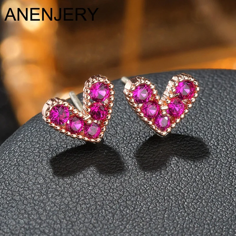 ANENJERY Rose Pink Love Zircon Heart Stud Earrings for Women Vintage Romatic Trendy Jewelry Accessories