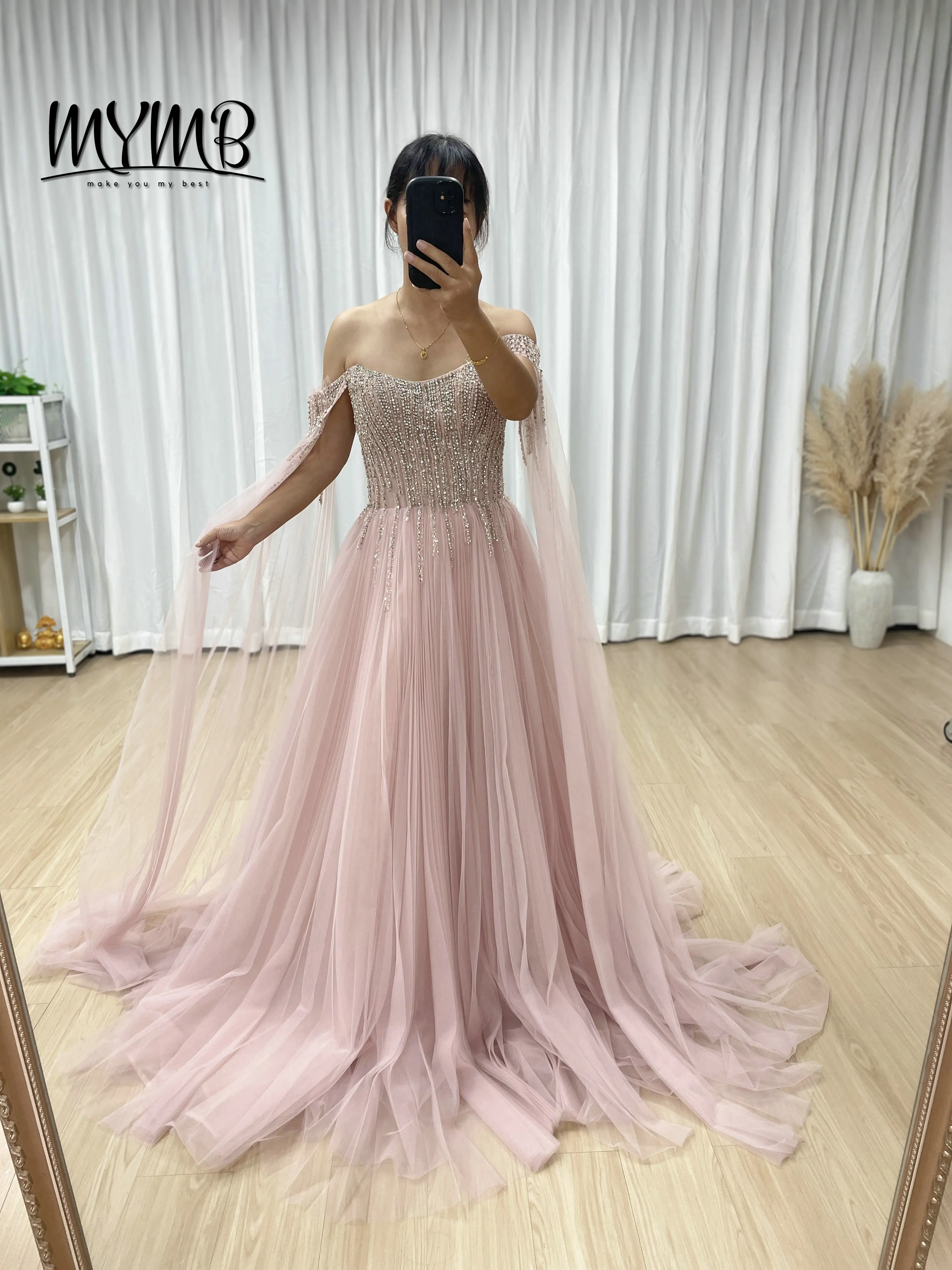 MYMB Chic Dusty Pink Off Shoulder Prom Dress a Line Tulle Beaded Sequined Formal Party Gown Elegant Luxury Evening Wear MB40441