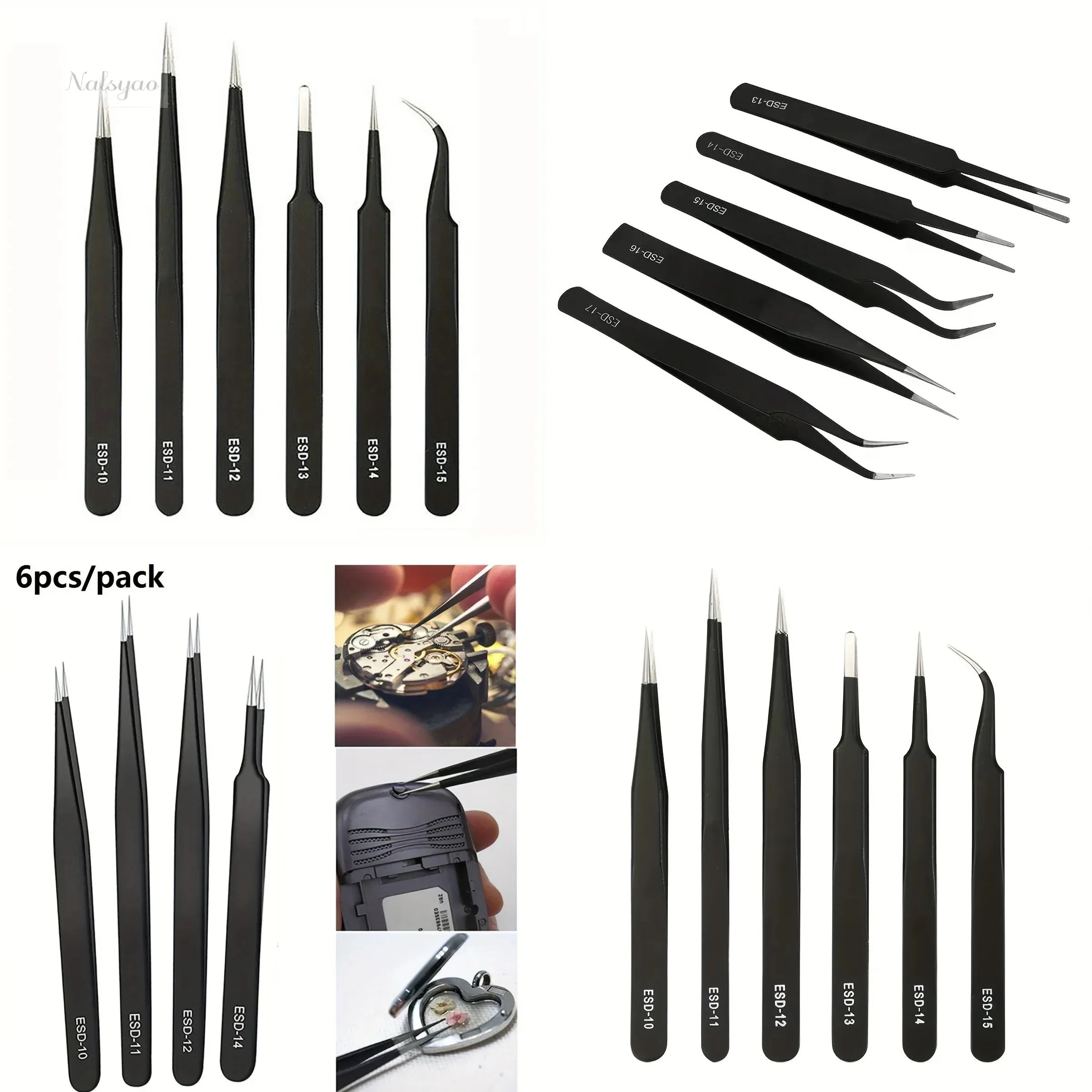 Precision ESD Anti-Static Tweezers Set 6-Pc Durable Stainless Steel Tool for Electronic Repair Process Modeling Bending & St