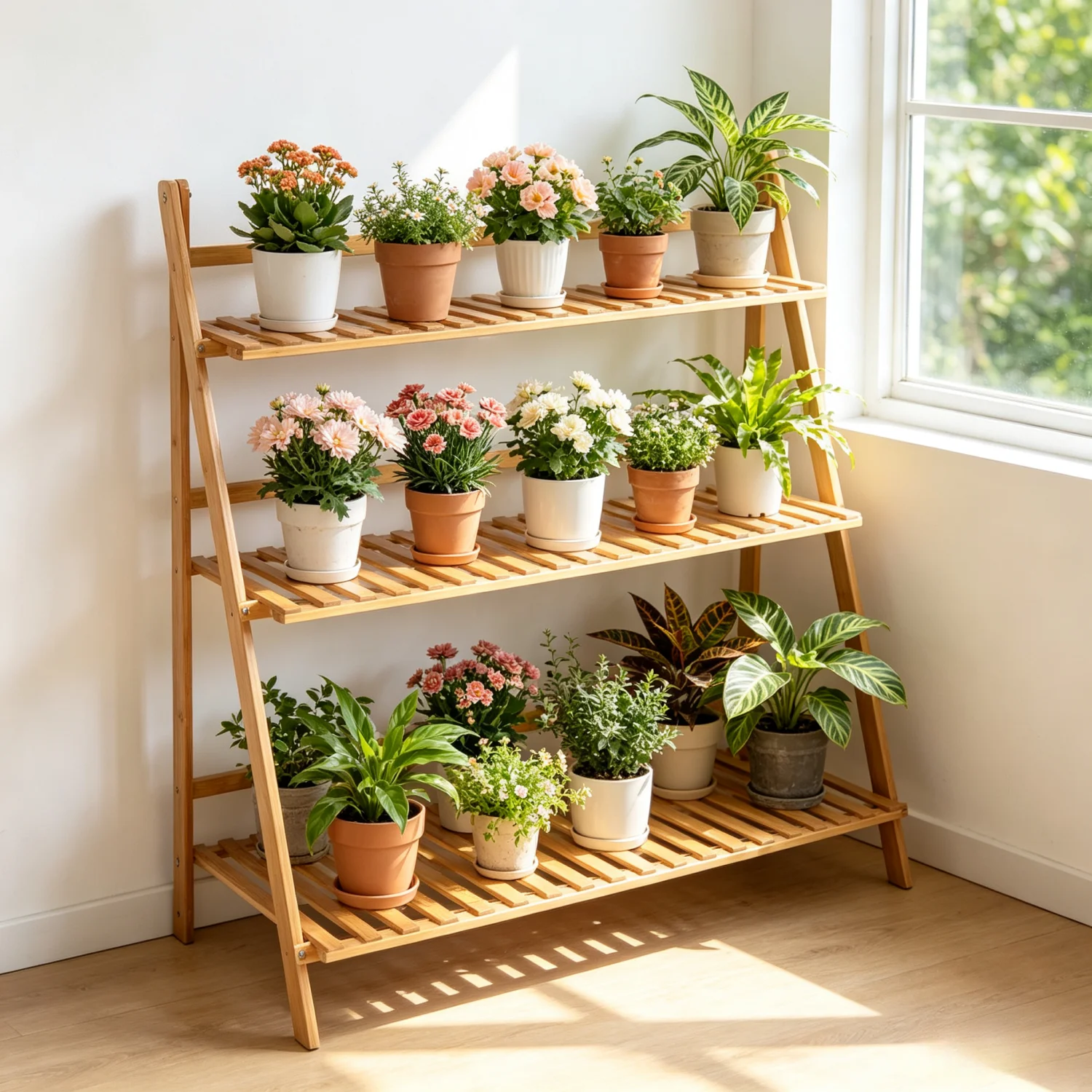 70/100cm Bamboo Plant Stand Folding 3 Tier Flower Pot Display Shelf Indoor Outdoor Ladder Garden Rack for Patio Balcony Living Room