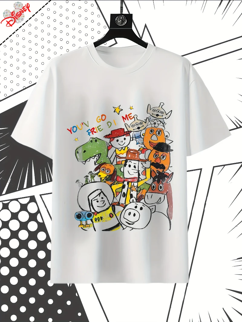 

Мужская футболка с рисунком «История игрушек Диснея» — кукла, Базз Лайтер, Джесси, Коуи, Битва — белая футболка с красочным персонажем