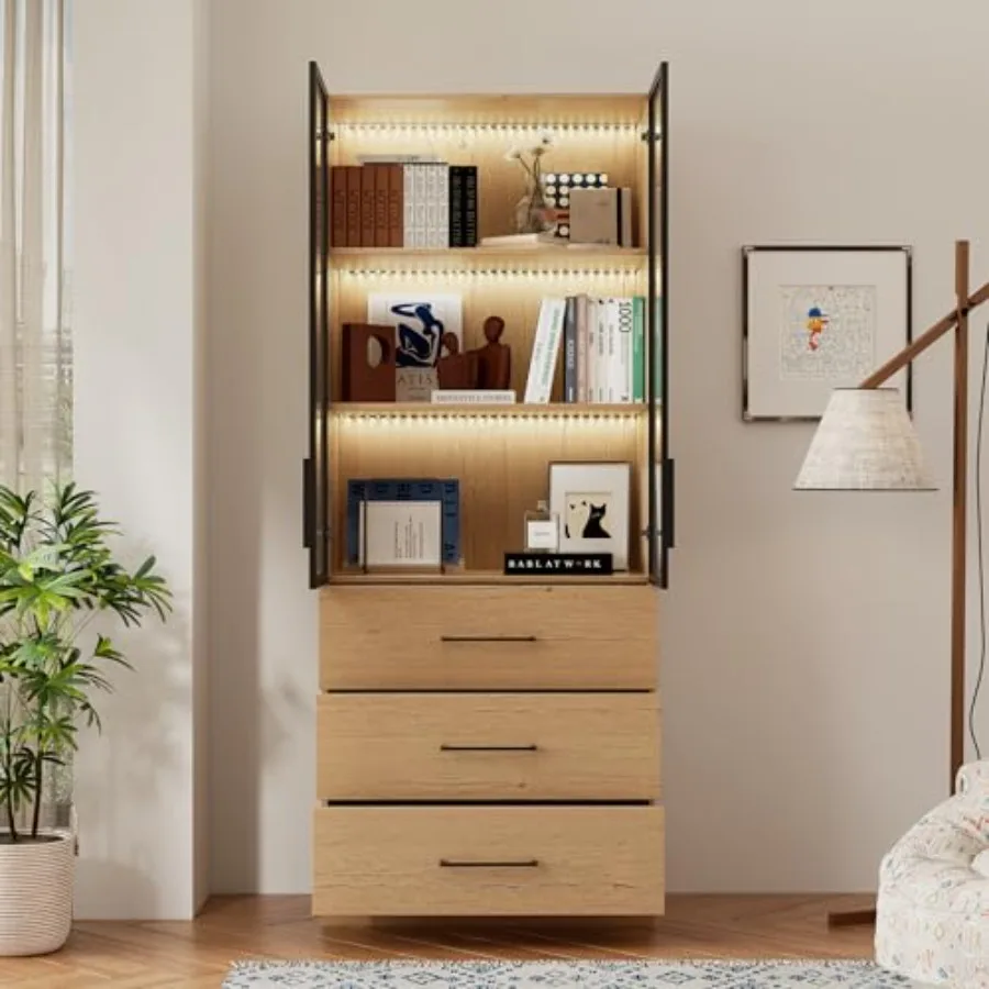 78.7" H Tall Bookcase Display Cabinet with LED Light, Natural view 3