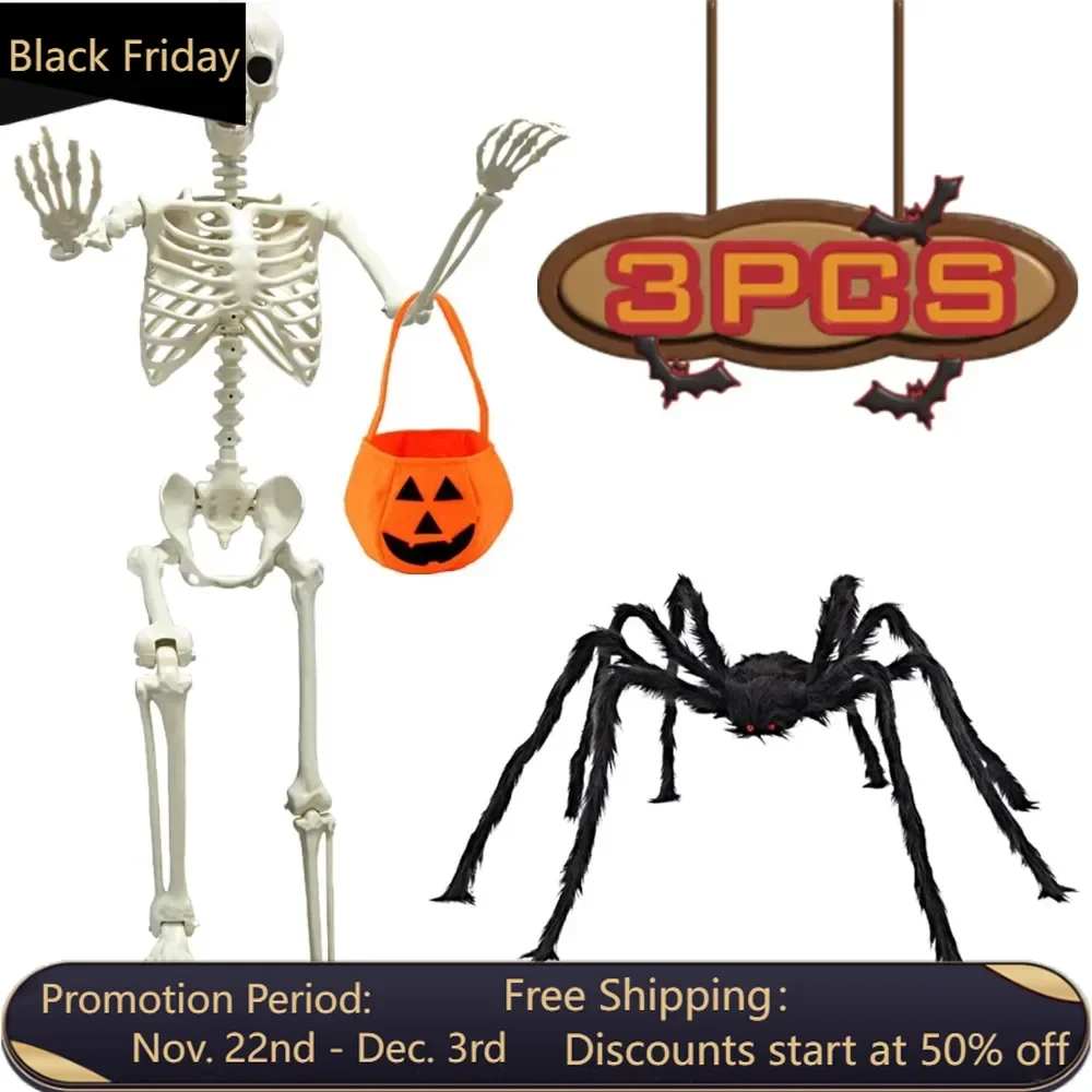 5.4ft/165cm Halloween Skeleton, Halloween Life Size Skeleton with Spider Pumpkin Bag, Full Body Human Bones with Movable Joints