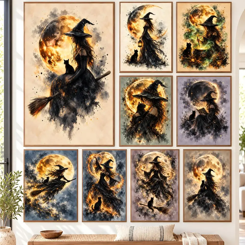 Moonlit Witch And Black Cat Poster Self Adhesive Matte Wall Art Removable Home Room Decoration
