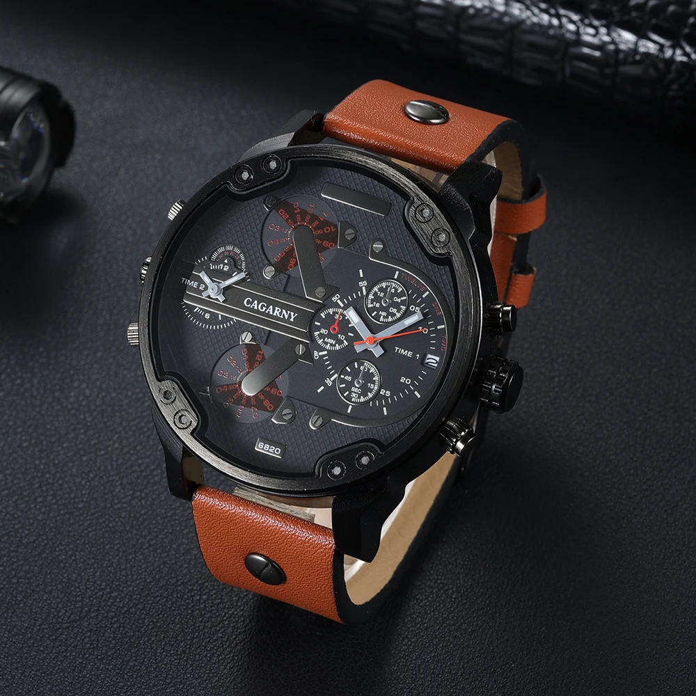 CAGARNY Brand Big dial 6820 dual time zone Leather Quartz Men Wristwatches Date Waterproof Fashion Casual Watch Clockes for Man