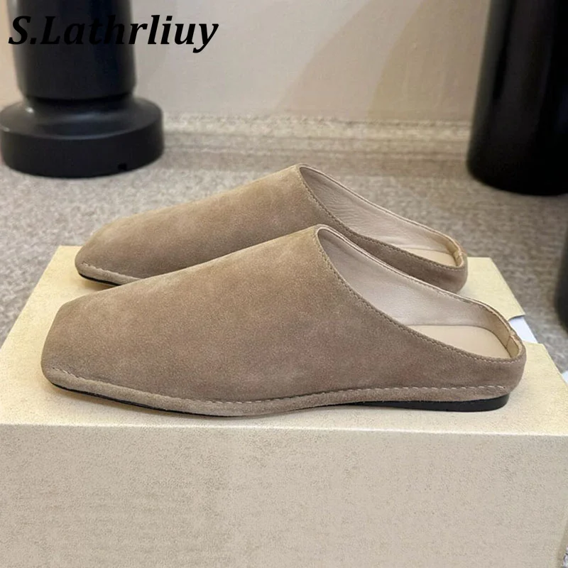 Sommerliche neue Damen-Slipper aus echtem Leder mit quadratischer Spitze, multifunktionale, einfarbige, flache Schuhe, Urlaubsschuhe für den Strand