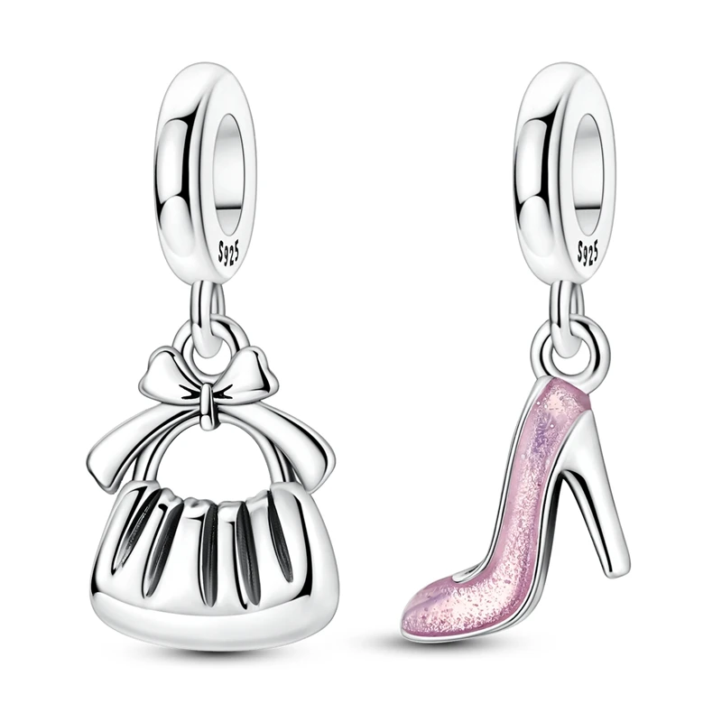 

925 Sterling Silver Charms Bead Handbag and High-Heel Dangle Fit Original Bracelet DIY Women Jewelry