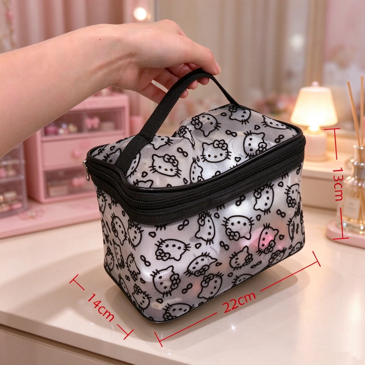 Cute Hello Kitty Mesh Makeup Bag, Transparent Flocked Cosmetic Organizer, Portable Travel Toiletry Bag