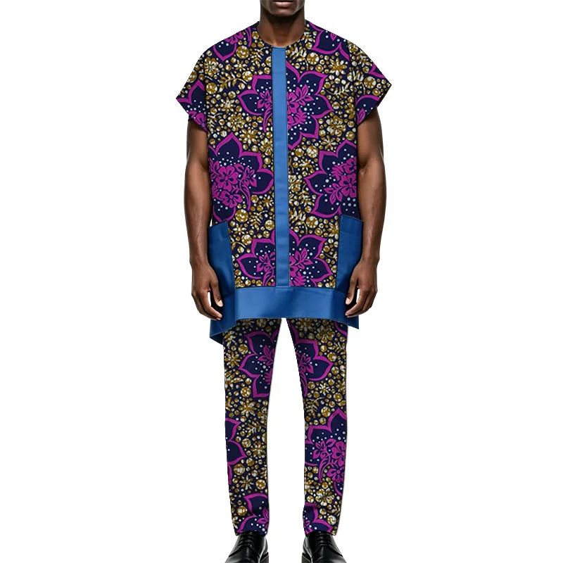 Peacock Blue Men's Set Outfit Patchwork Tops With Big Pockets African Print Couture Summer Male Pant Suit Wedding/Party Garment
