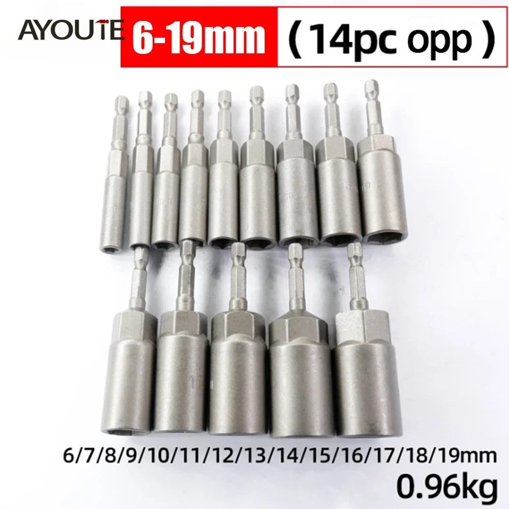 

80mm Length Deepen Power Nut Driver Drill Bit Set 5.5-19MM Impact Socket Adapter for Power Tools 6.35MM Hex Shank