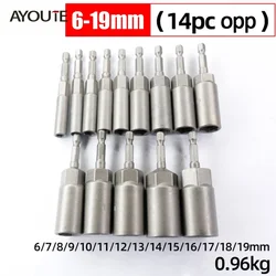 80mm Length Deepen Power Nut Driver Drill Bit Set 5.5-19MM Impact Socket Adapter for Power Tools 6.35MM Hex Shank