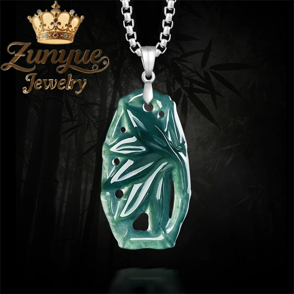 

S925 Silver Setting With Natural A-Grade Blue Water Jadeite Hollowed-Out Bamboo-Shaped Pendant Luxury Quality Jewelry Exquisite