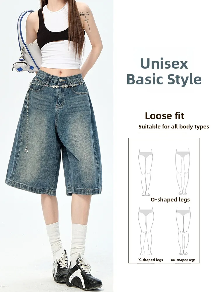 Jinjing Denim Five-Point Pants Women's Casual Loose American Sle Summer New Wide Leg Medium Length Jeans ort orts