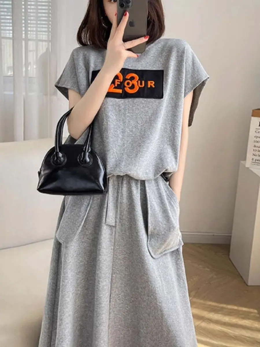 

plus Size Women's Fashion Slimming Short Sleeve Half Skirt Two Piece Set Summer Casual Loose Sports Outfit Conceal Meat
