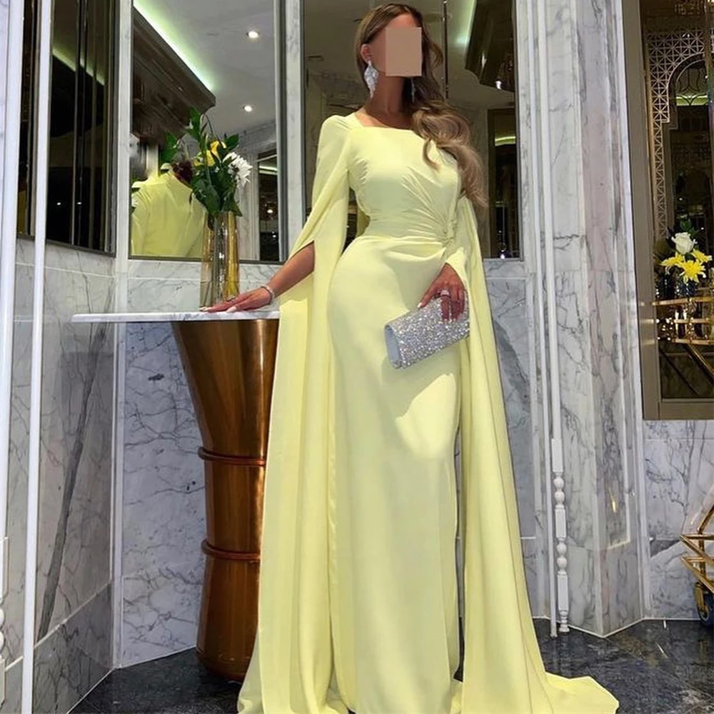 

Simple Square Collar Lemon Mermaid Satin Formal Prom Dresses Floor Length Women Evening Party Dresses فساتين السهرة