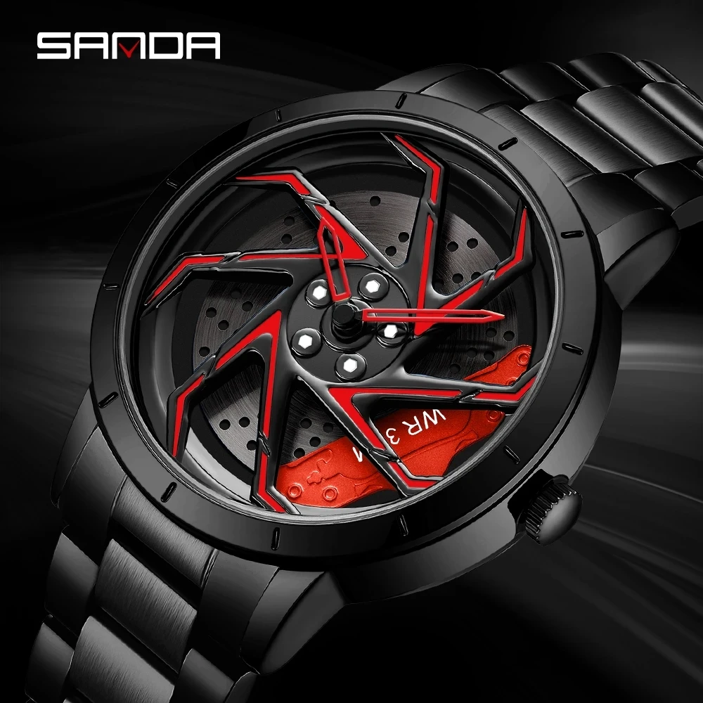 SANDA P1088 Men Fashion Wristwatch 360 Degree Rotating Wheel Car Rim Dial Watches Stainless Steel Waterproof Sport Quartz Clock