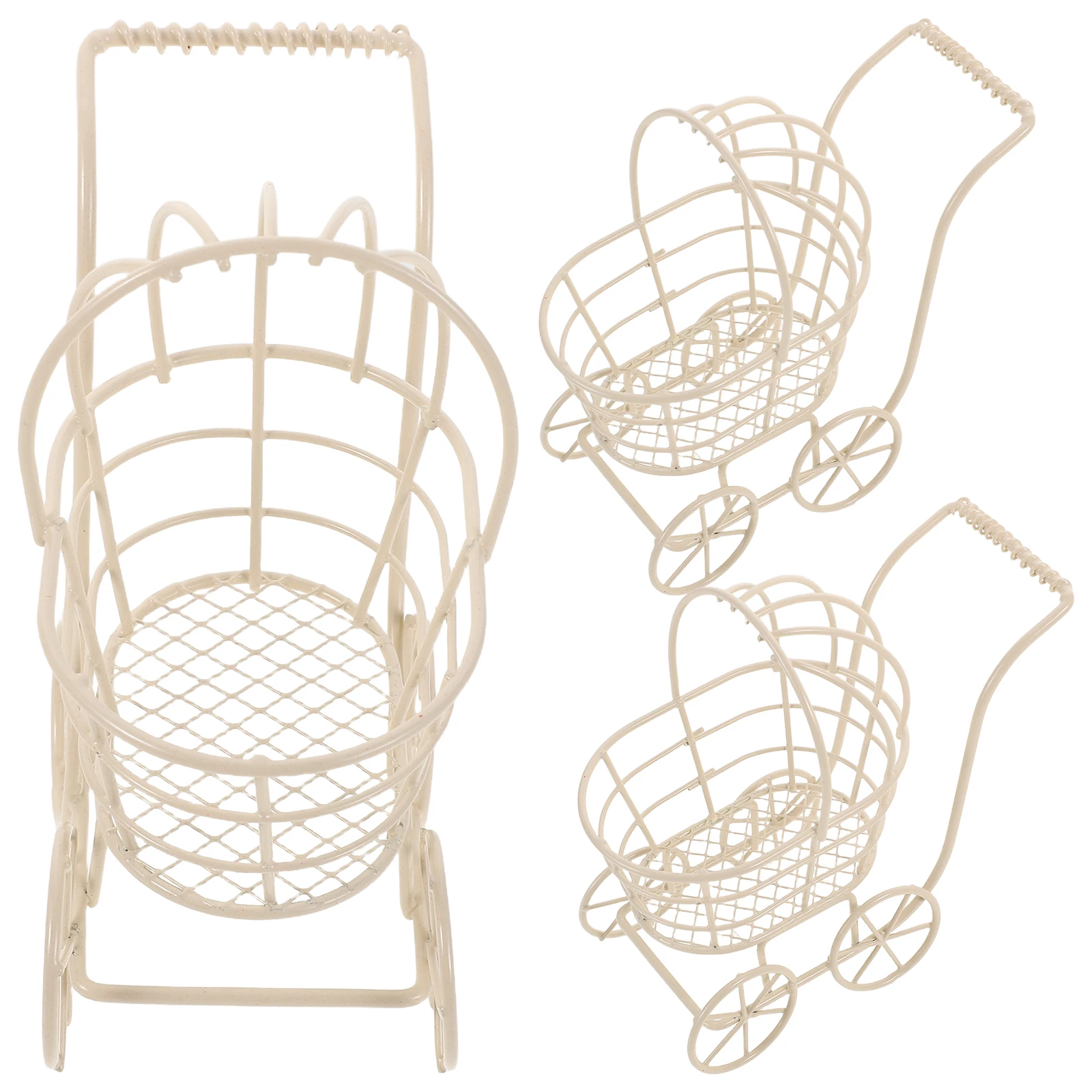 

3pcs Mini Metal Wire Stroller Play Baby Dollhouse Miniature Decor Kids Pram Accessory Lightweight Trolley Organizer For