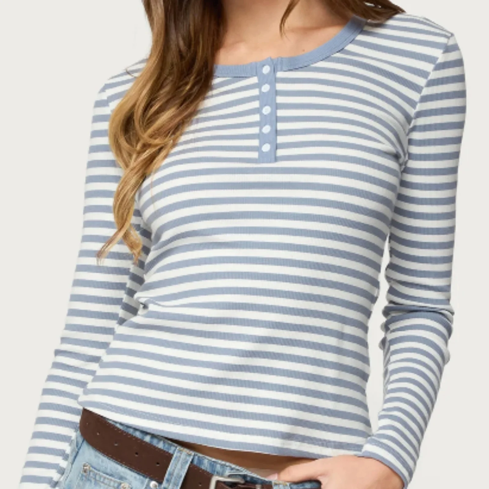 Casual Long Sleeve Brown White Striped T-shirts for Women Button Front Spring Fall Vintage Pullover Tops for Daily Wear