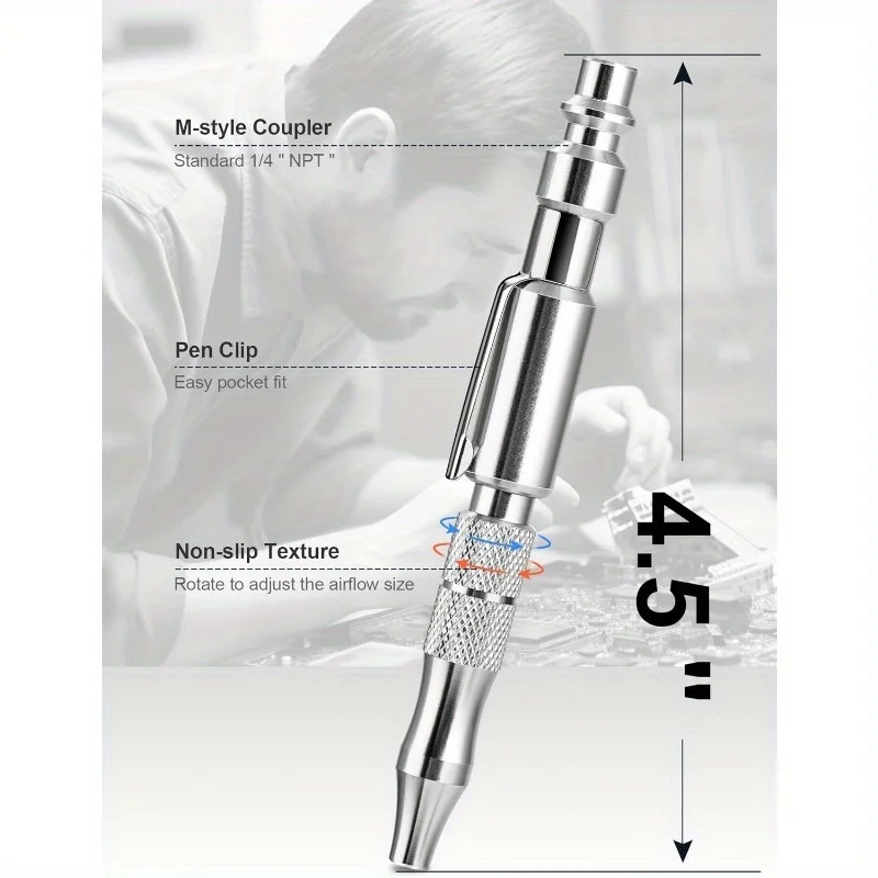 Adjustable Pocket Air Blow Gun Industrial Style "M" 1/4 Inches Quick Plug 150 PSI Max Portable Air Blower Pen for Dust Cleaning