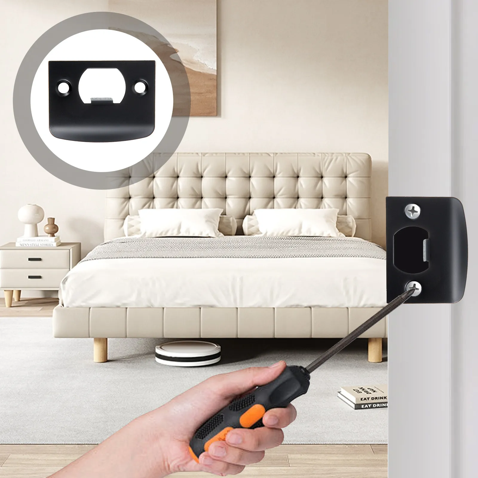 4pcs Strike Plate Stainless Steel Heavy Duty Lock Latch Guide D-Type Black Metal Bracket For Alignment Stability Front Door