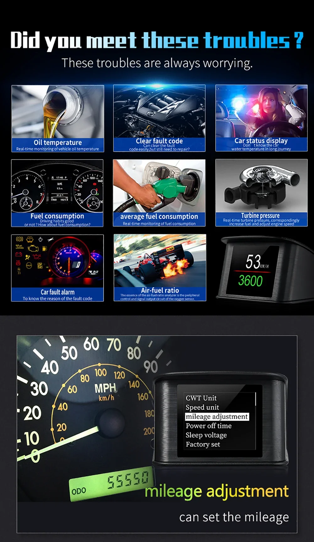 Neues OBD2 - P10 Pro Auto-LCD-Messgerät Smart Auto Digital Head Up Display mit 12 Hauptfunktionen Alnrm-System für Auto – Detail 21