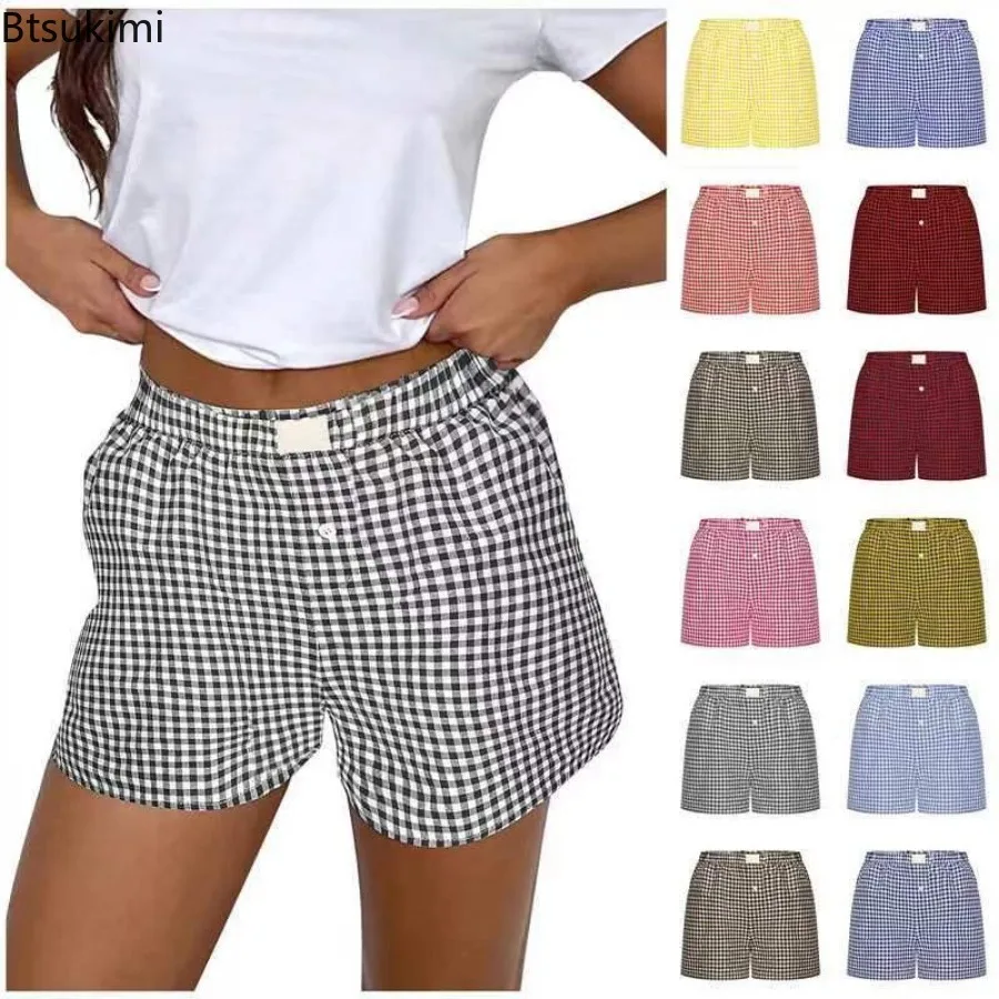 Women's Summer Vintage Plaid Boxer Shorts Elastic Waist Loose Casual Pajama Shorts Comfort Home Lounge Wear Women Sleep Bottoms