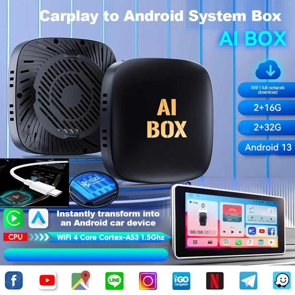 2024 Smart Mini Ai Box 2+32GB Android 13 Support Netflix YouTube Wireless CarPly Suitable for 99% of cars with wired Carplay