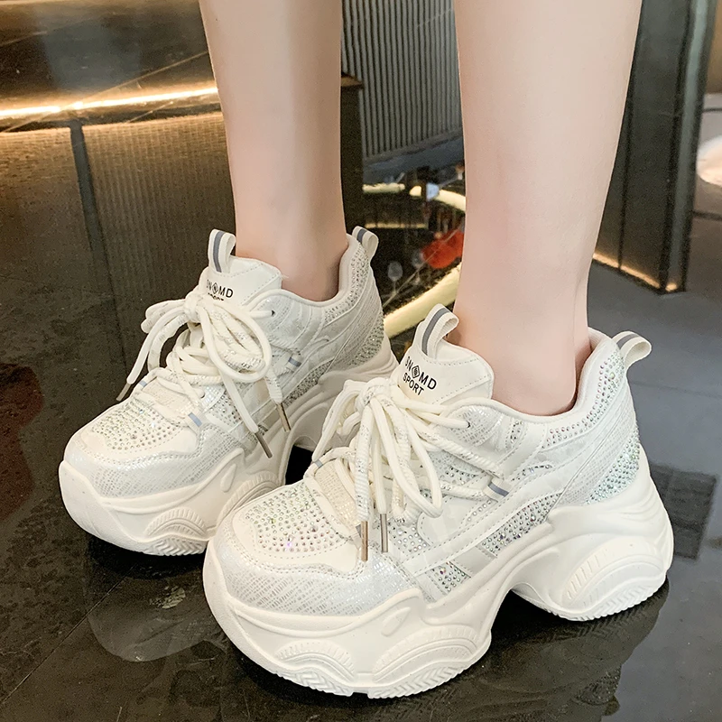 8CM Women Chunky Sneakers New 2026 Spring Crystal Lace-up High Platform Shoes Breathable Sport Shoes Wedge Heel Casual Dad Shoes - view 5