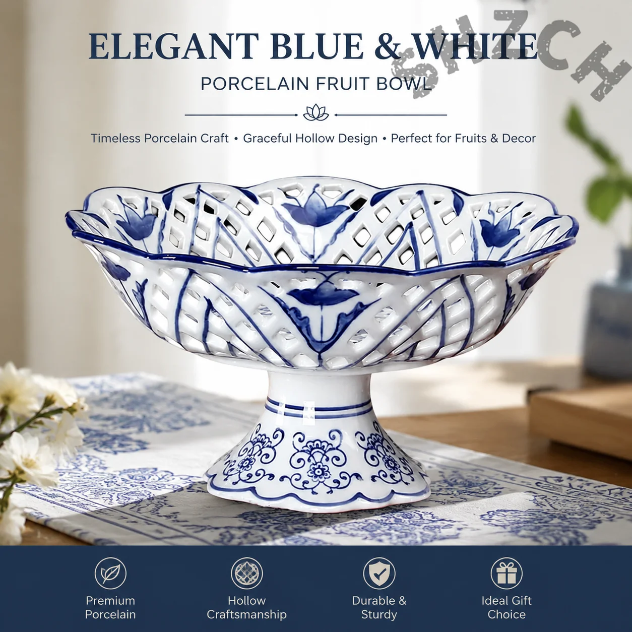 Blue and White Hollow-Detail Decorative Tray for Living Room – Elegant Ceramic Candy Plate or Fruit Basket