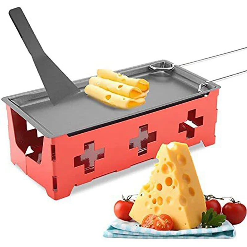 Metal Carbon Steel Mini Cheese Raclette Non-stick Coating Candles Heated Baking Tray Foldable Handle with Spatula Cook Set