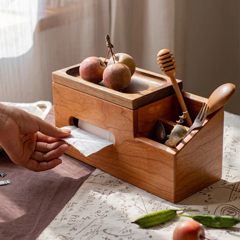 Wooden Tissue Box Solid Wood Clutter Organizer Tray Remote Control Cosmetic Multifunctional Storage Rack Dining Room Table Decor