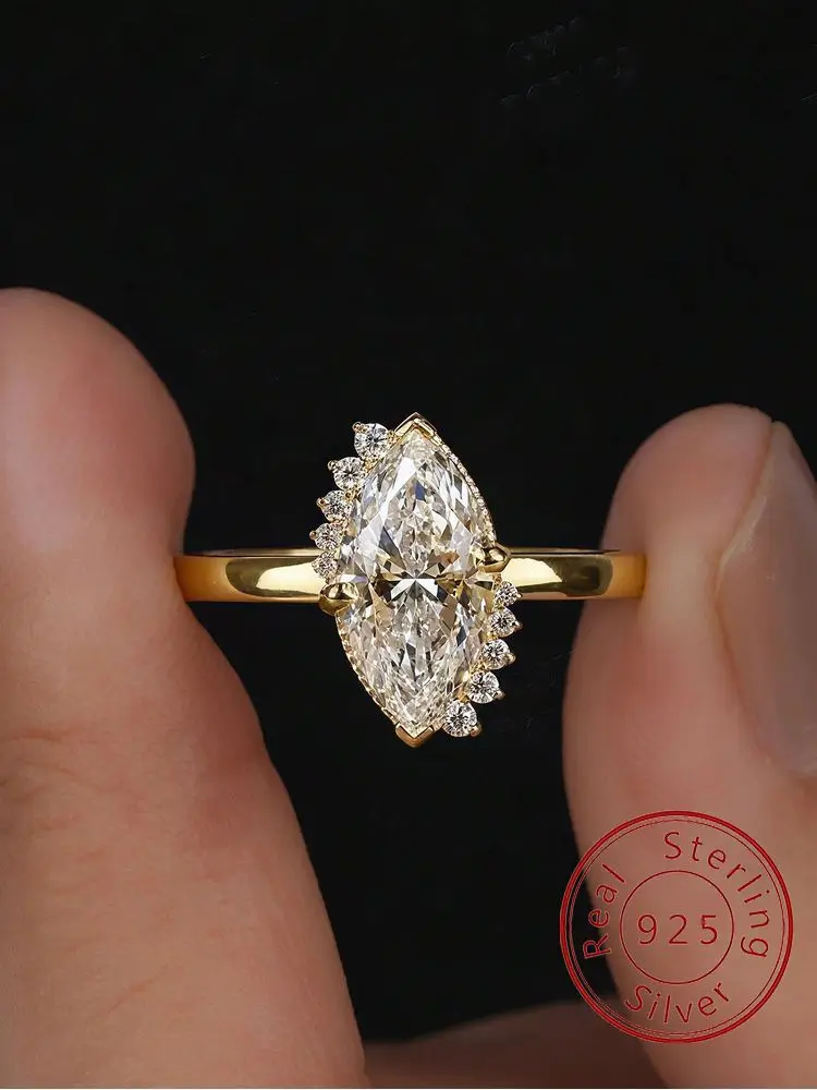 

925 Sterling Silver Fashion Shiny Golden Marquise Zircon Ring For Women Engagement Wedding Simple High Quality Fine Jewelry